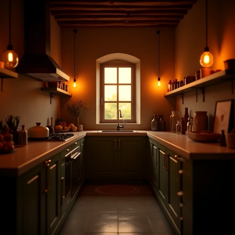 Iluminação aconchegante em despensa rústica.