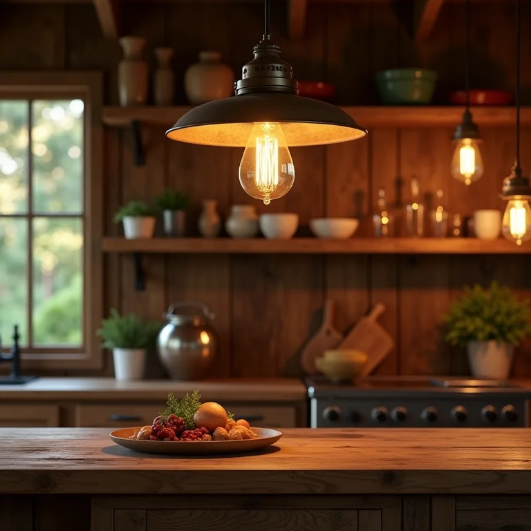 Iluminação aconchegante em uma despensa rústica.