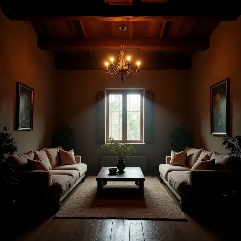 Iluminação inadequada em sala rústica com lustre.