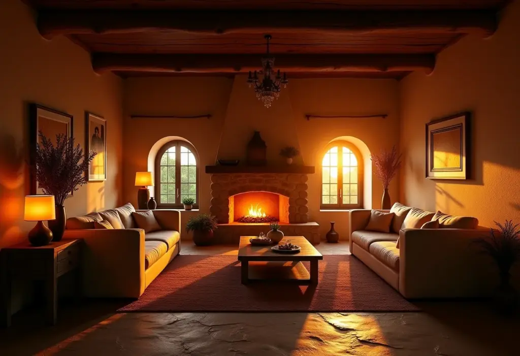 Iluminação rústica colonial aconchegante em sala de estar.