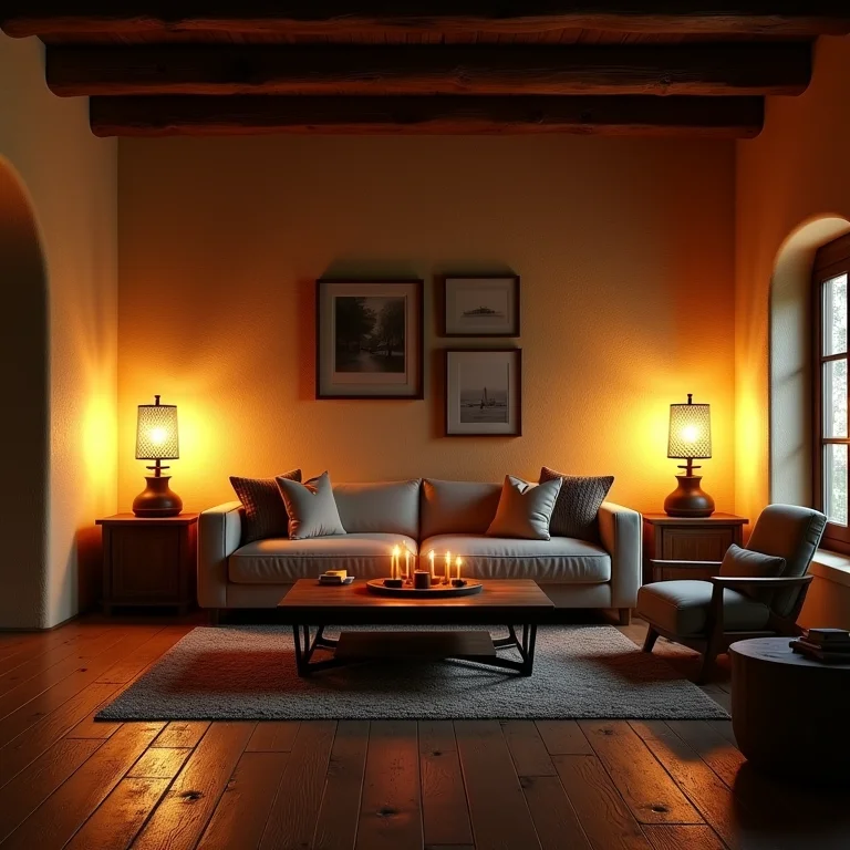 Iluminação suave em sala rústica com luminárias e abajures