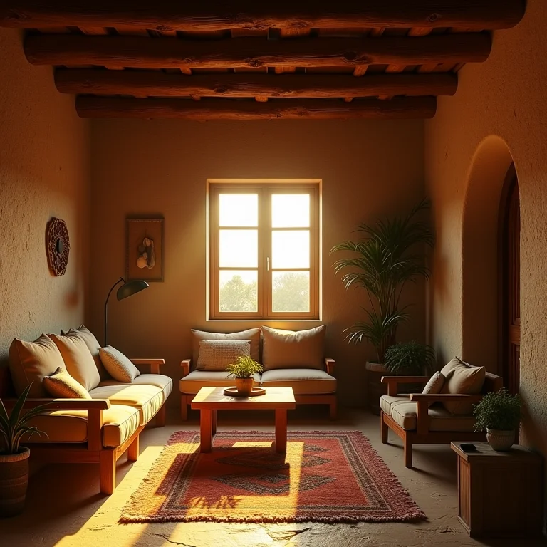 Iluminação suave valorizando a decoração rústica.