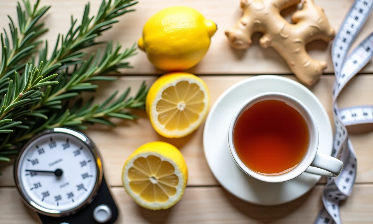 Ingredientes do chá com balança e fita métrica, foco em emagrecimento.