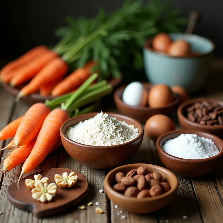 Ingredientes frescos e coloridos para preparar um delicioso Bolo de Cenoura.