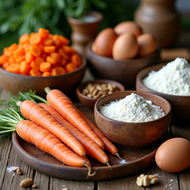 Ingredientes frescos e coloridos para preparar um delicioso Bolo de Cenoura.