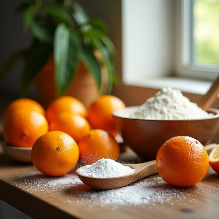 Ingredientes frescos para bolo de laranja em bancada de madeira