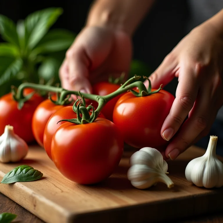 Ingredientes frescos para bruschetta: tomate, manjericão e alho