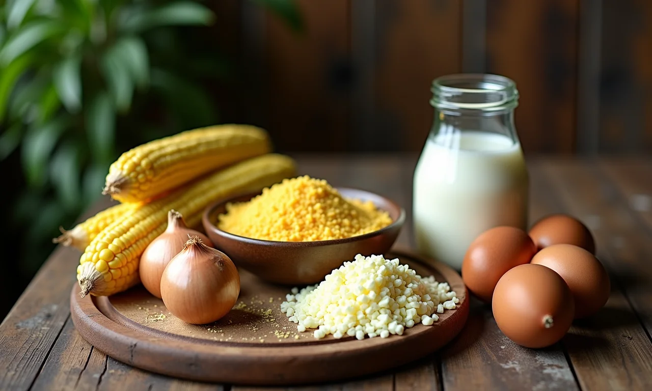 Ingredientes frescos para preparar a Sopa Paraguaia: fubá, queijo, cebola, ovos e leite.