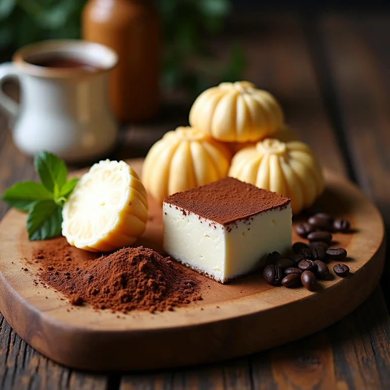 Ingredientes frescos para Tiramisu em tábua de madeira