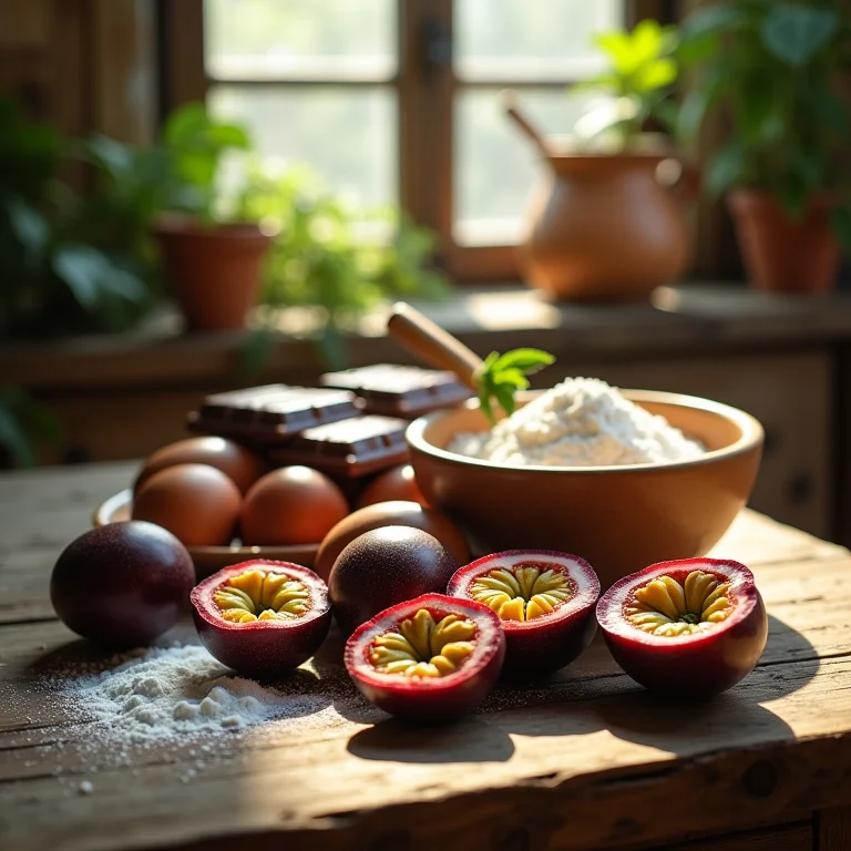 Ingredientes frescos para um bolo de maracujá perfeito.