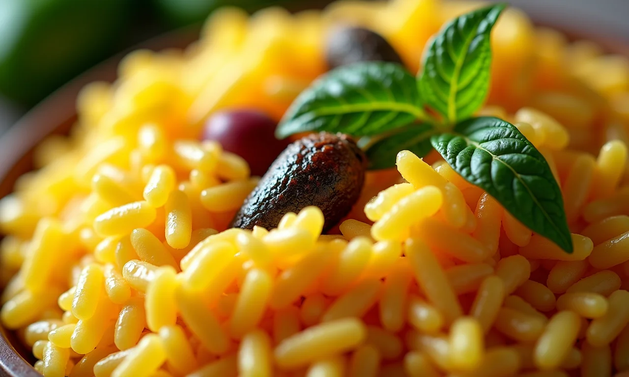 Ingredientes para arroz com pequi: arroz, pequi e ervas frescas.