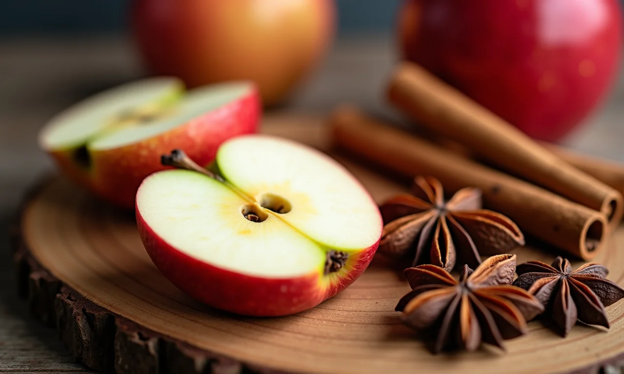 Ingredientes para chá de maçã com cravo: maçã, canela, cravo e anis estrelado.