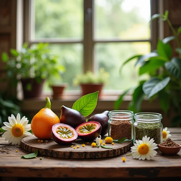 Ingredientes para chá de maracujá e camomila em mesa rústica.