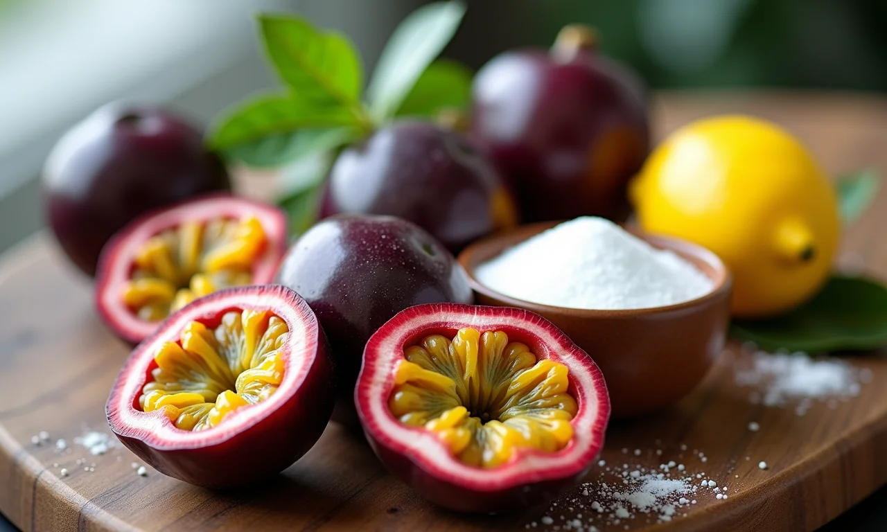 Ingredientes para geleia de maracujá: maracujás frescos, açúcar, limão.