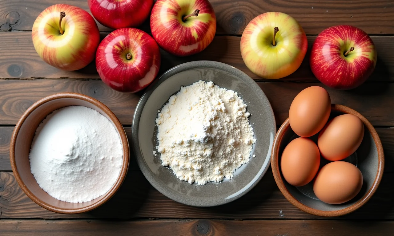 Ingredientes para o bolo de maçã com casca organizados em uma mesa.