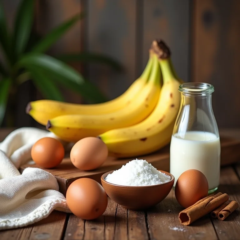 Ingredientes para o pudim de banana em uma mesa de madeira.