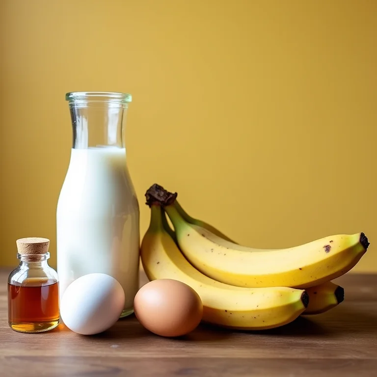 Ingredientes para pudim de banana: bananas, leite, ovos, açúcar.