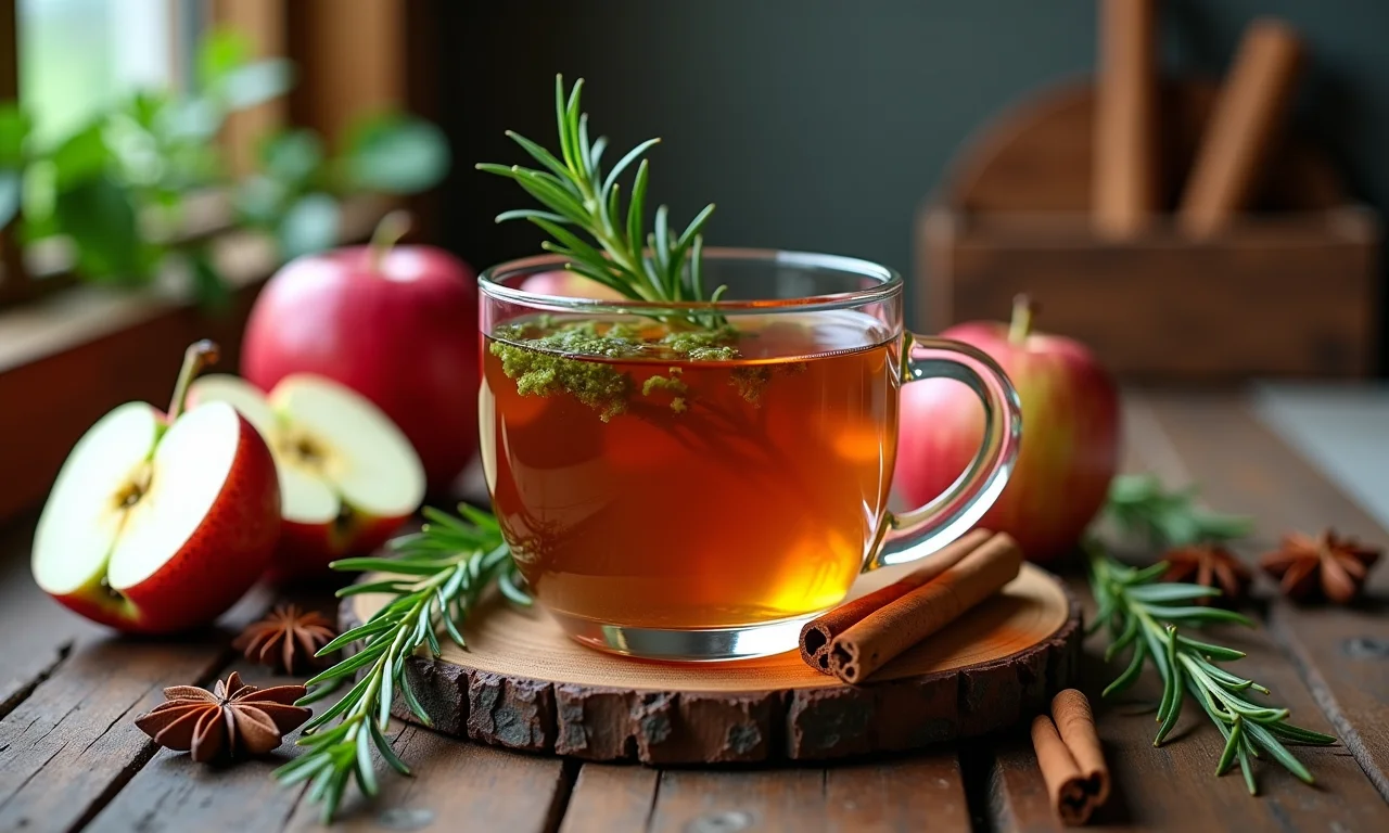 Ingredientes para receita caseira de chá de maçã com alecrim.