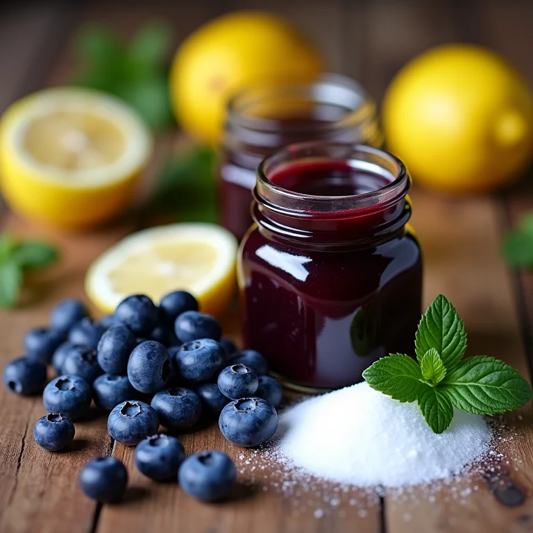 Ingredientes simples para geleia de mirtilo.