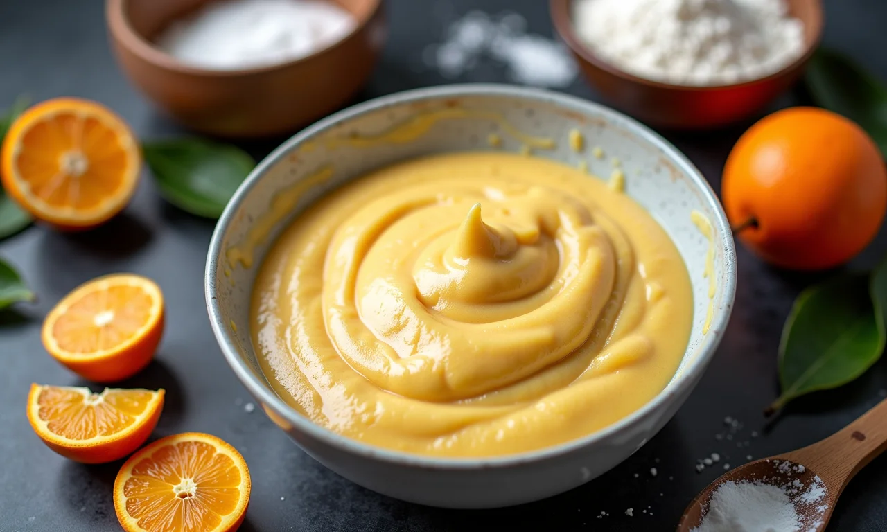 Ingredientes simples para um bolo formigueiro com laranja saboroso.