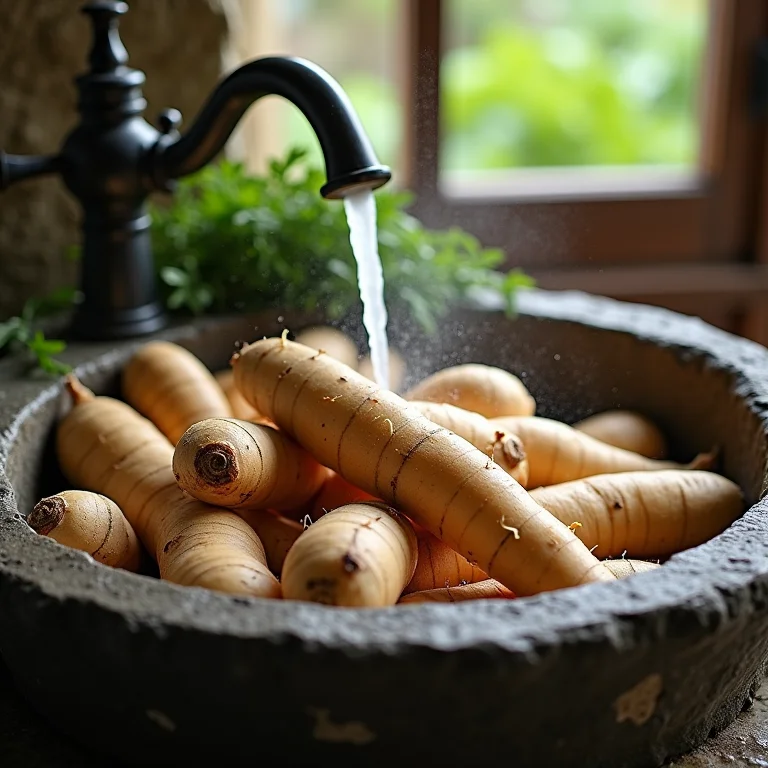 Inhame Branco sendo lavado em pia de pedra