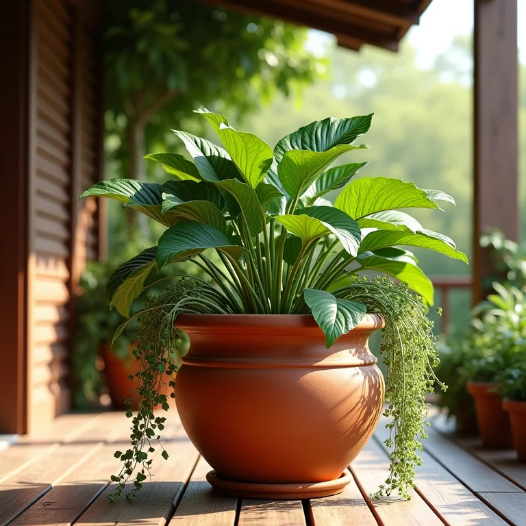 Inhame e cará plantados em vasos de cerâmica em varanda ensolarada