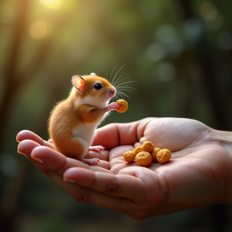 Interação entre humano e hamster, fortalecendo o laço afetivo.