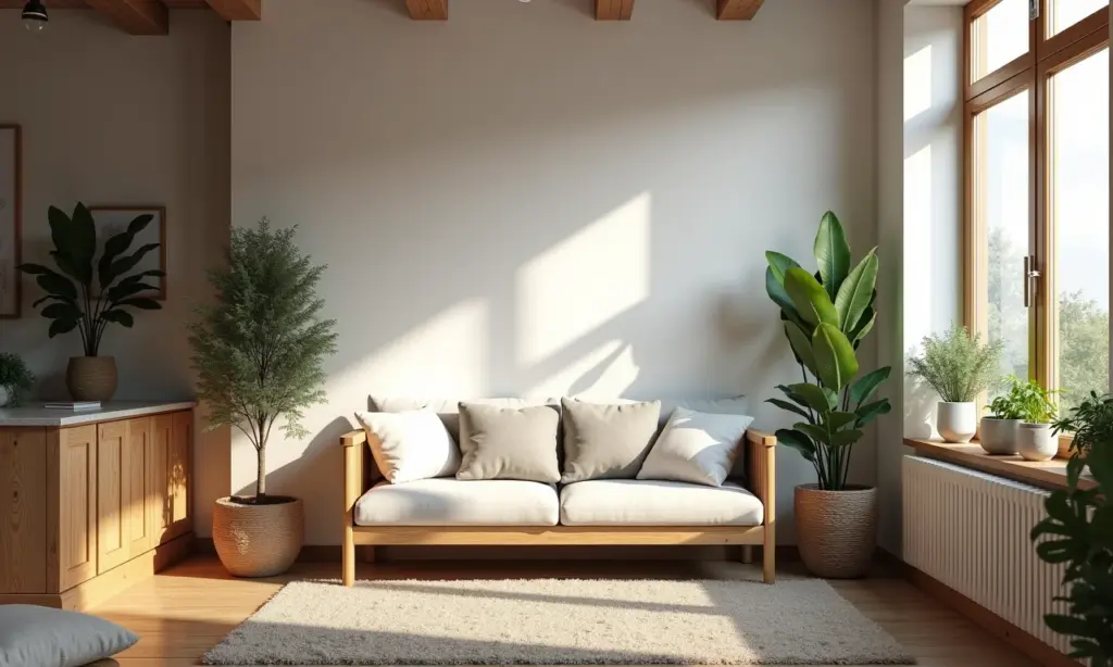 Interior que combina elementos rústicos escandinavos com toques coloniais, criando um ambiente acolhedor e elegante.