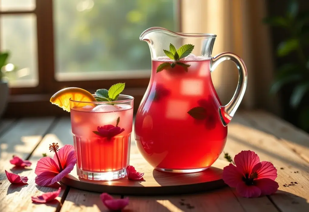 Jarra de chá de hibisco gelado com flores.