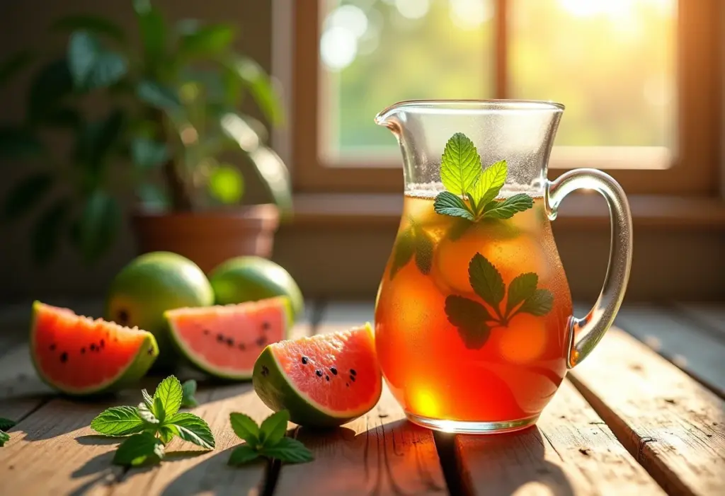 Jarra de chá gelado de goiaba com hortelã em mesa de madeira rústica.
