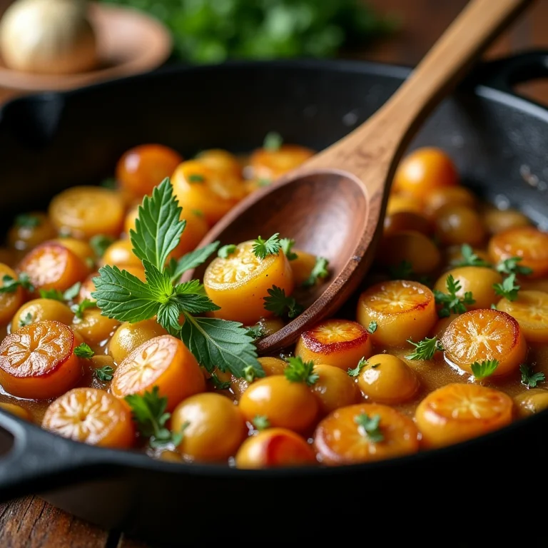 Jiló refogando com alho e temperos frescos em panela de ferro