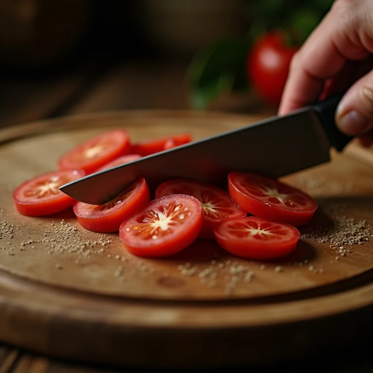 Jilós sendo fatiados finamente em uma tábua de madeira