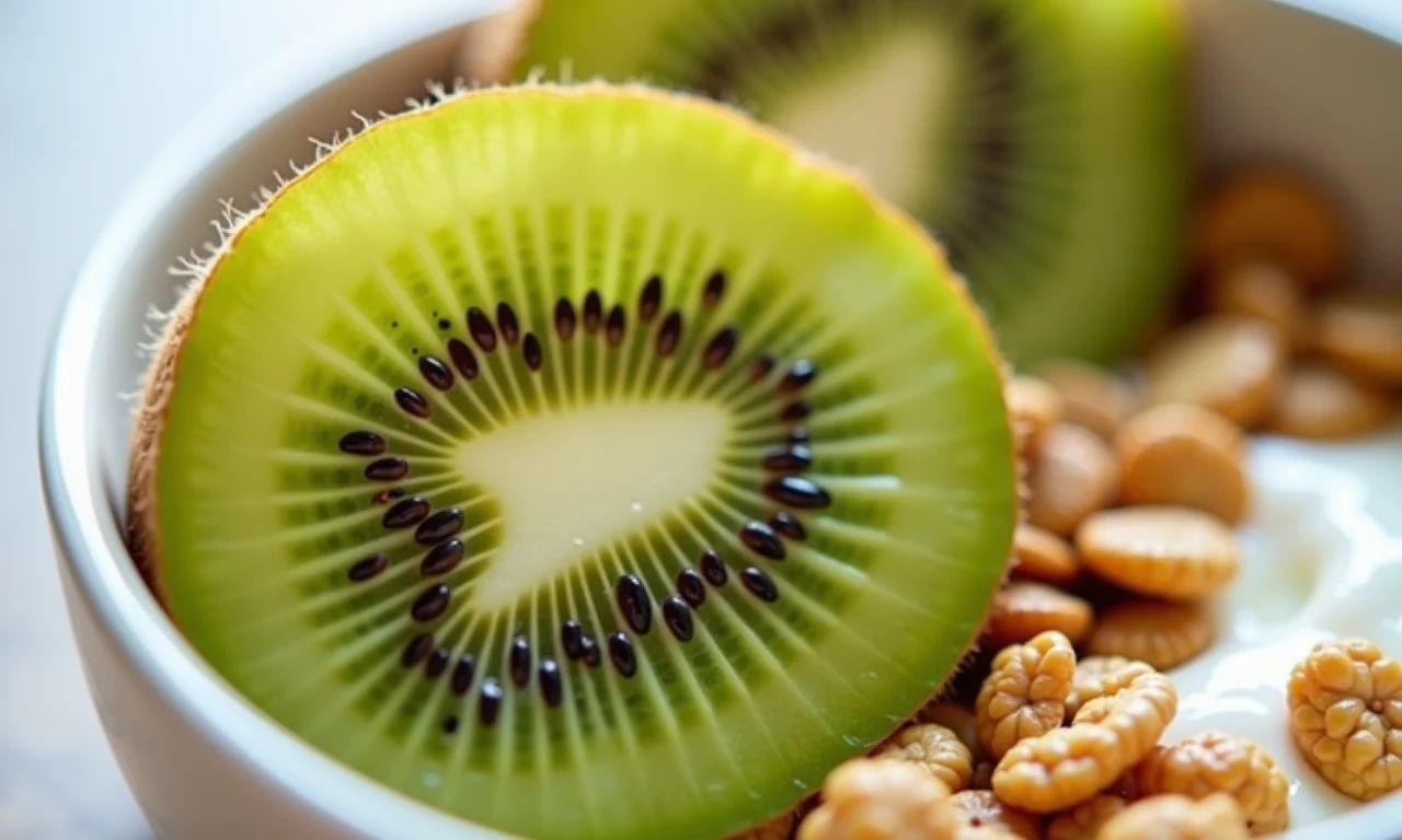 Kiwi fatiado exibindo sua polpa verde vibrante e sementes pretas, tigela de iogurte com granola ao fundo.