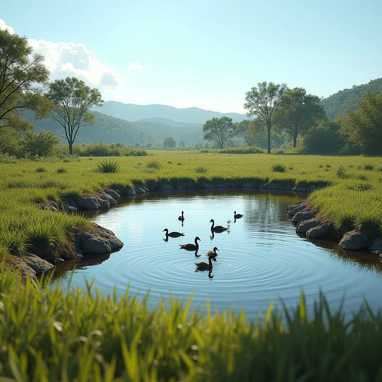Lago para patos recém-construído em um sítio.