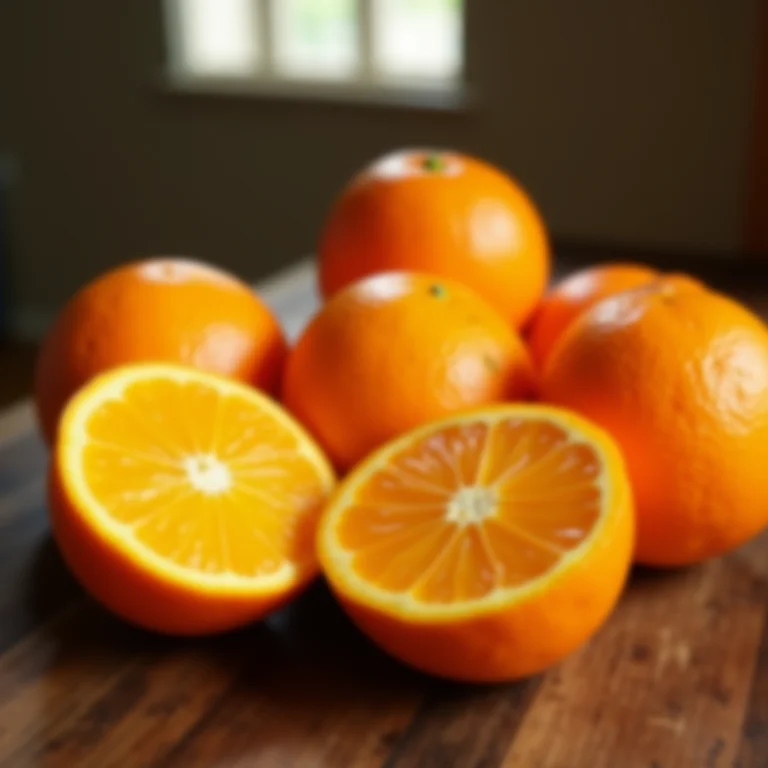 Laranjas maduras cortadas ao meio.