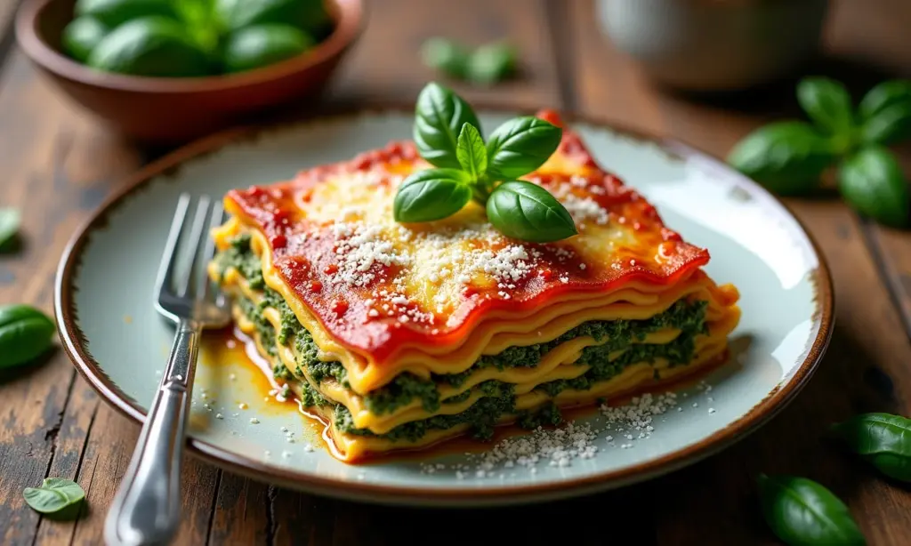 Lasanha ao pesto com manjericão fresco, pronta para servir.