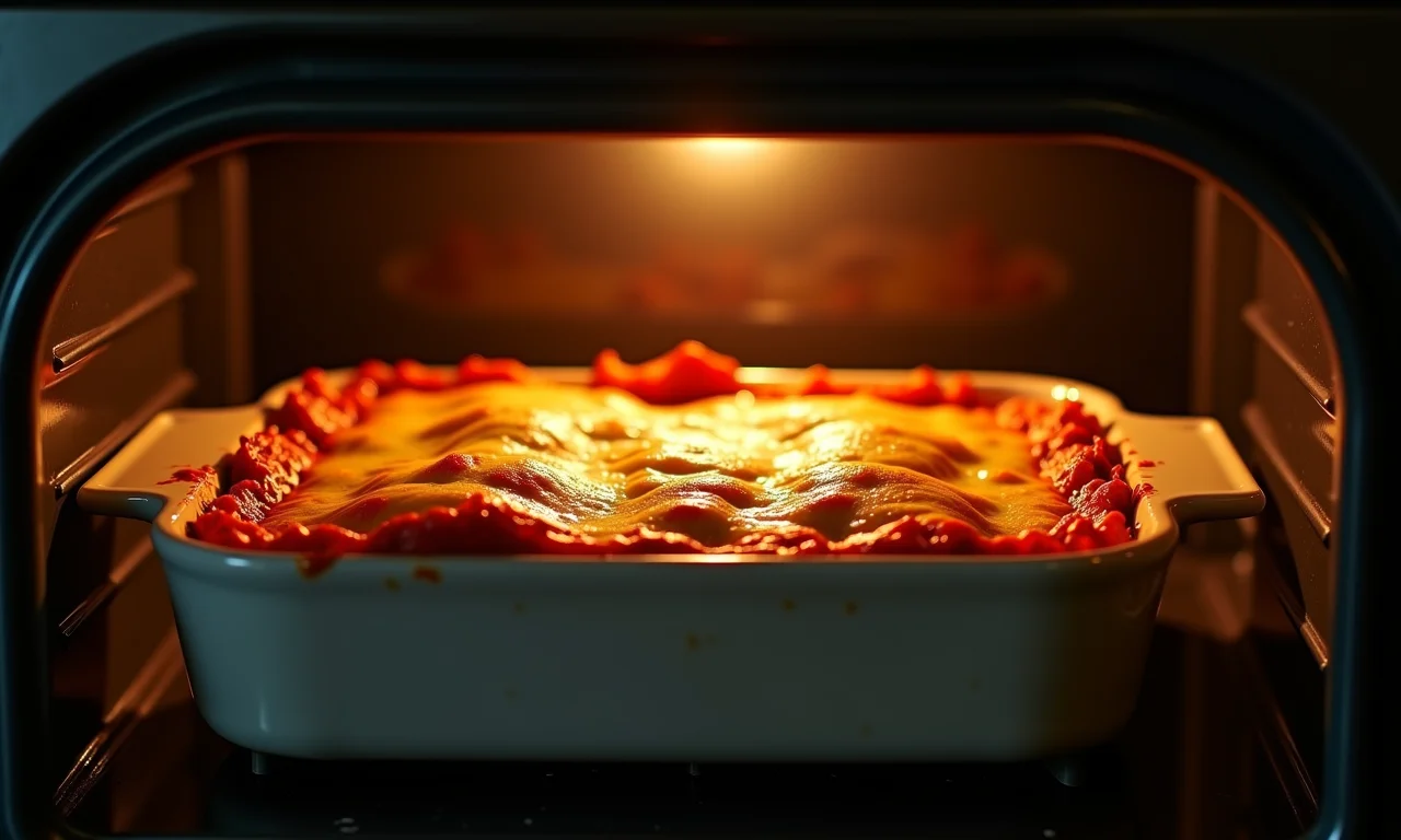 Lasanha assando no forno, dourada e borbulhante.