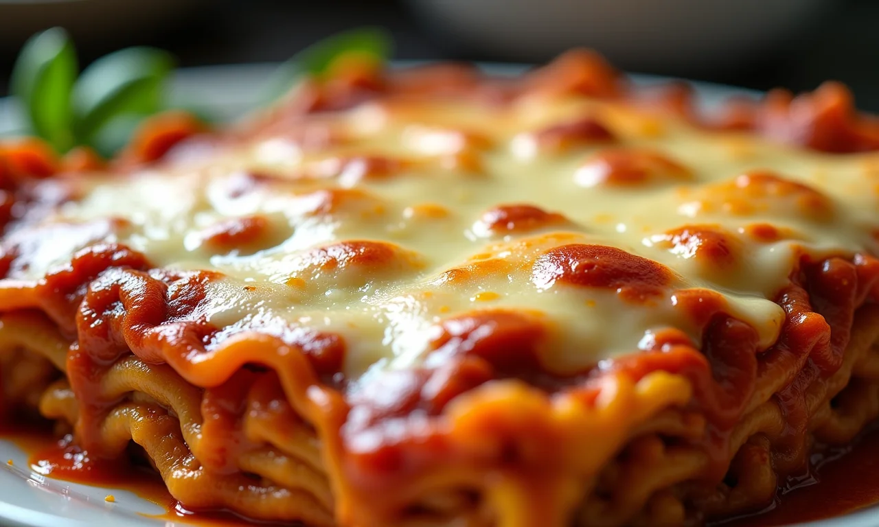 Lasanha com diferentes tipos de queijo derretendo.