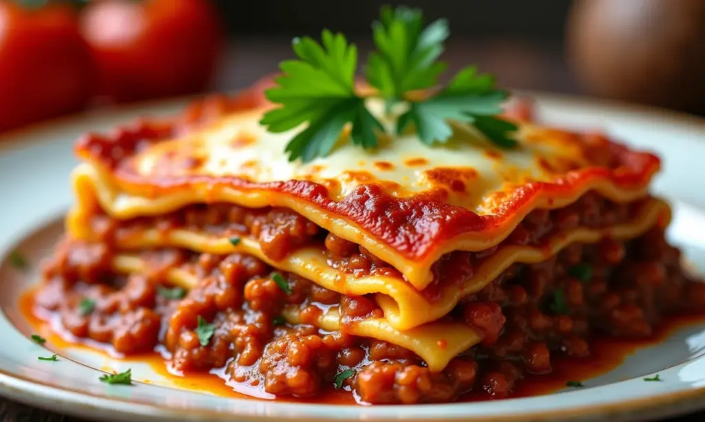 Lasanha de carne moída apetitosa com queijo gratinado e salsa fresca.