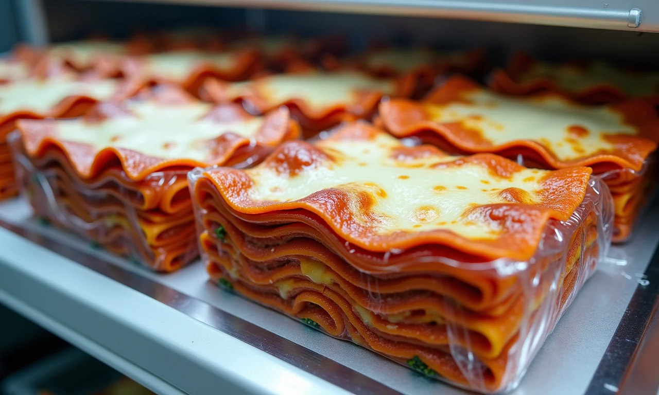 Lasanha embalada para congelar no freezer.