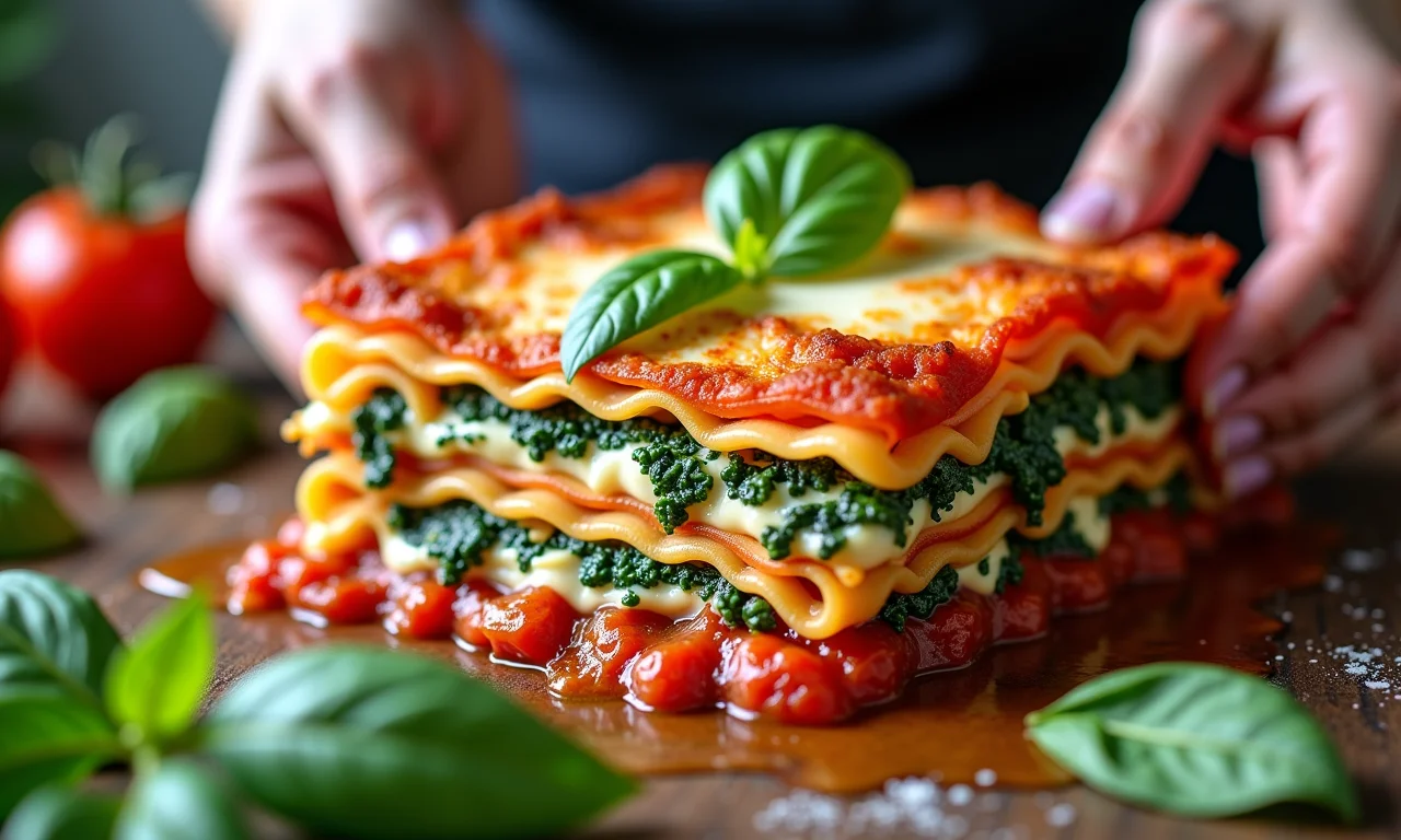 Lasanha sendo montada com recheio de espinafre e ricota.