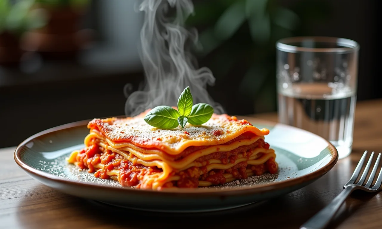 Lasanha sendo servida com um copo de água ao lado.