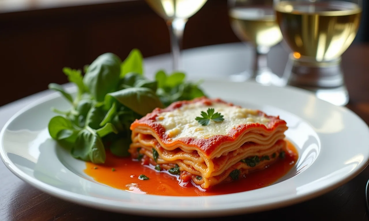 Lasanha servida com salada verde e vinho branco.