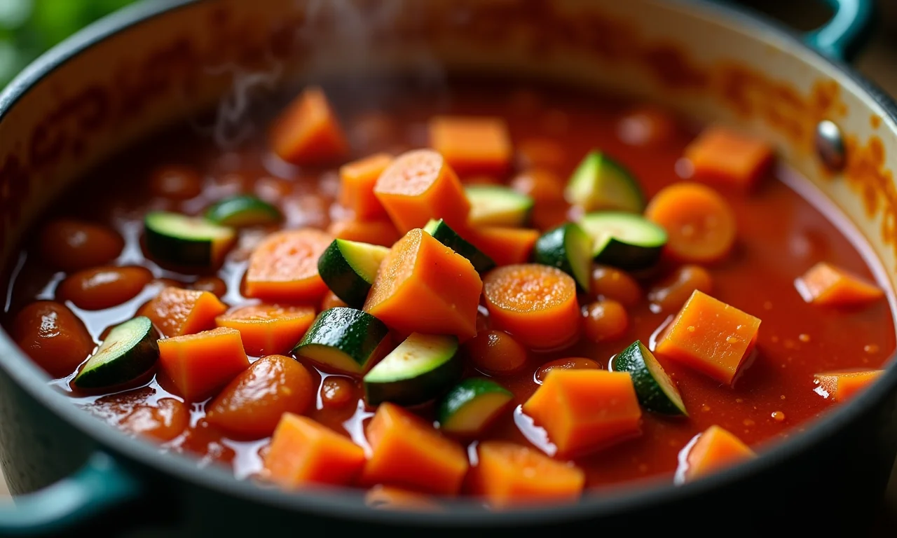 Legumes picados em molho de tomate, incluindo cenouras, abobrinhas e pimentões em uma panela.