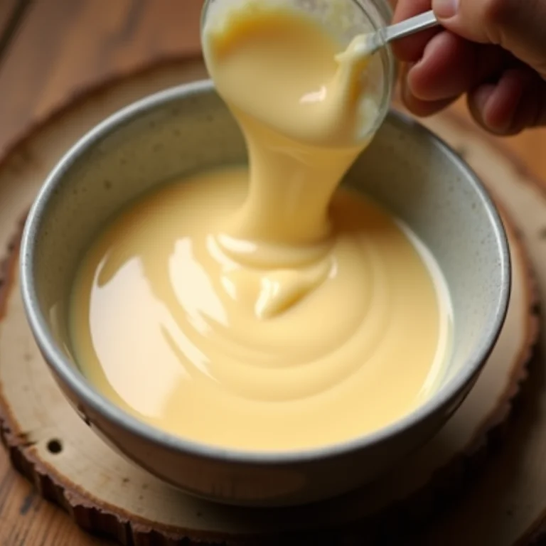 Leite condensado e creme de leite sendo misturados para o pudim.