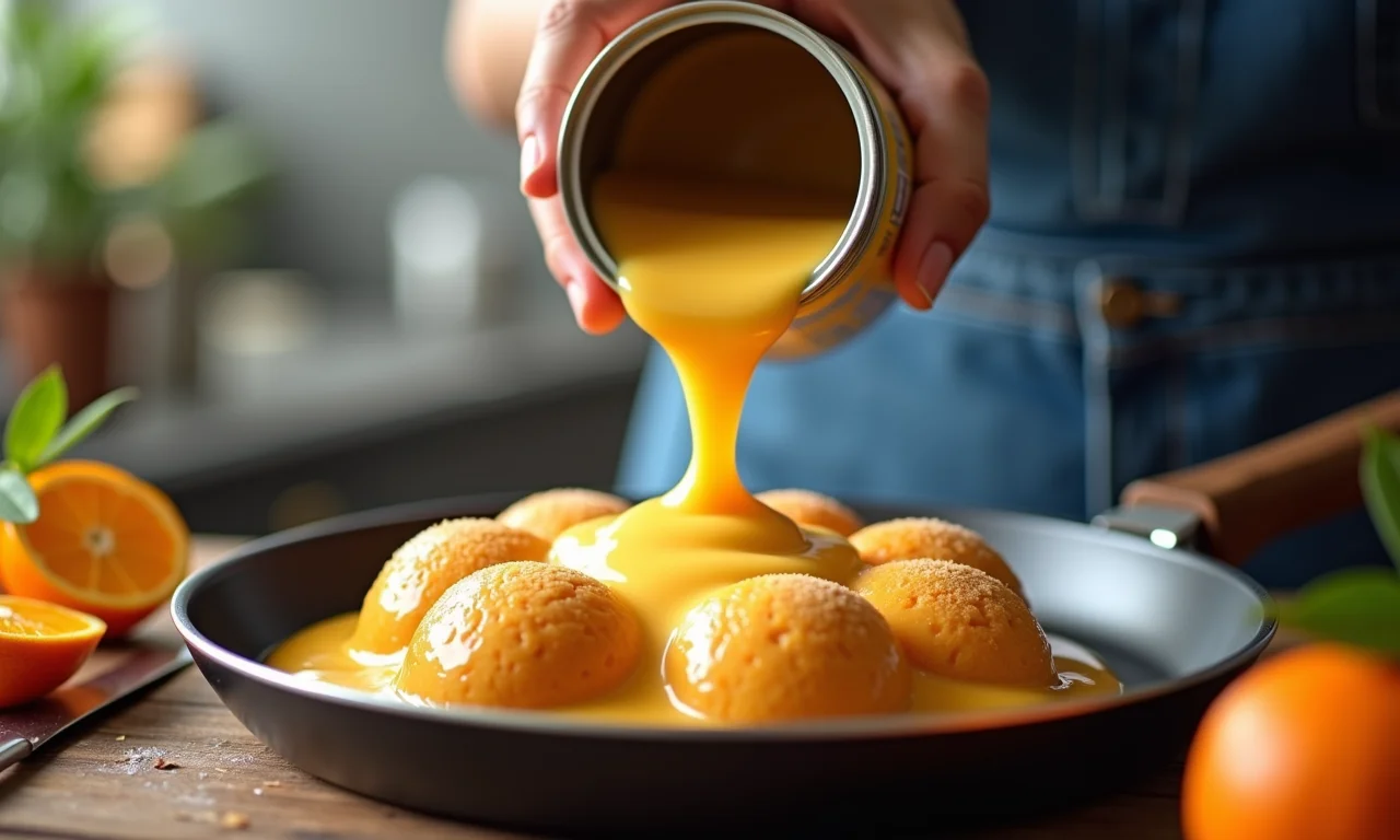 Leite condensado sendo despejado em panela para brigadeiro de laranja.