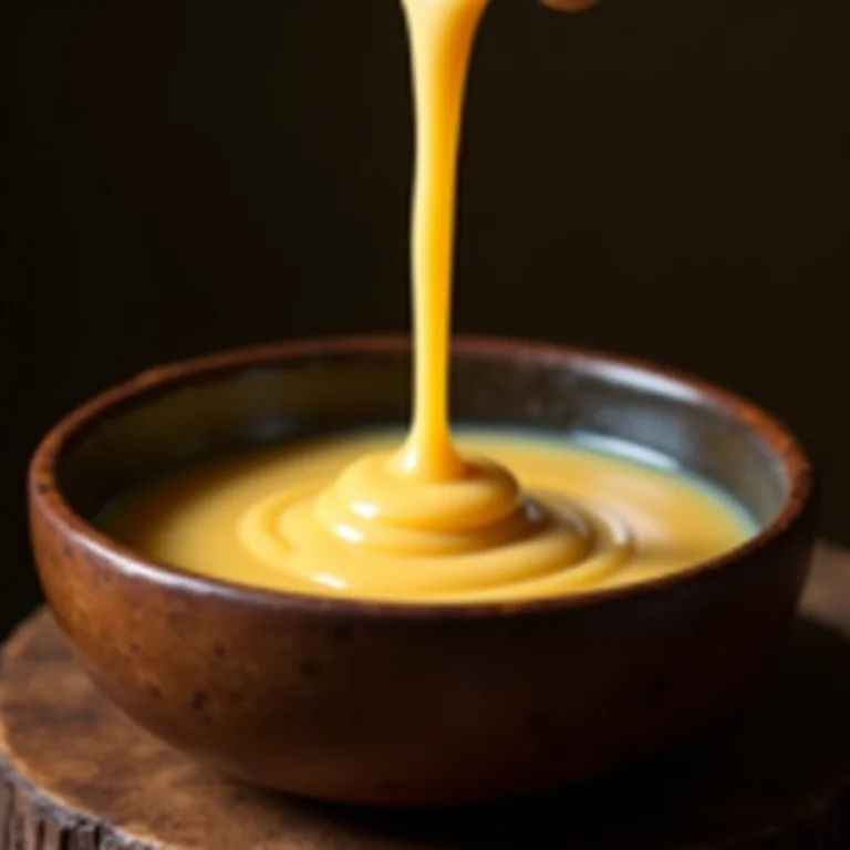 Leite condensado sendo despejado em uma tigela rústica.