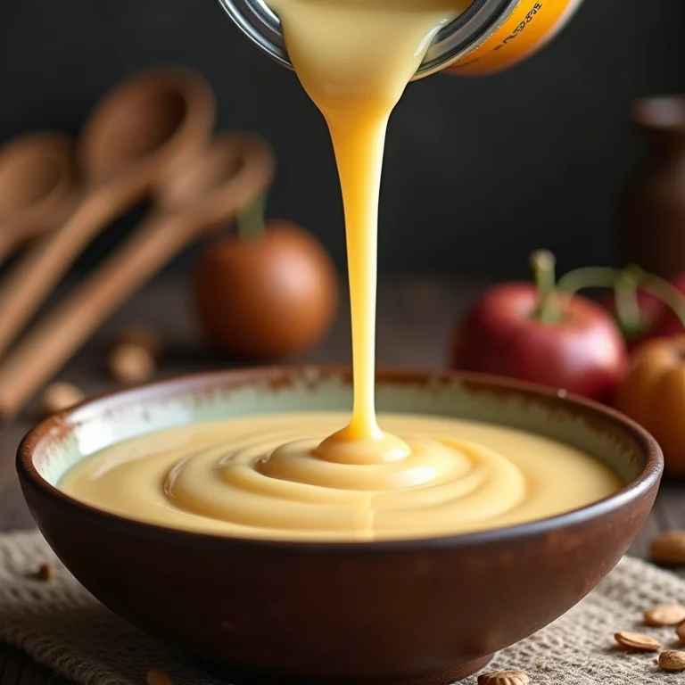 Leite condensado sendo despejado em uma tigela.