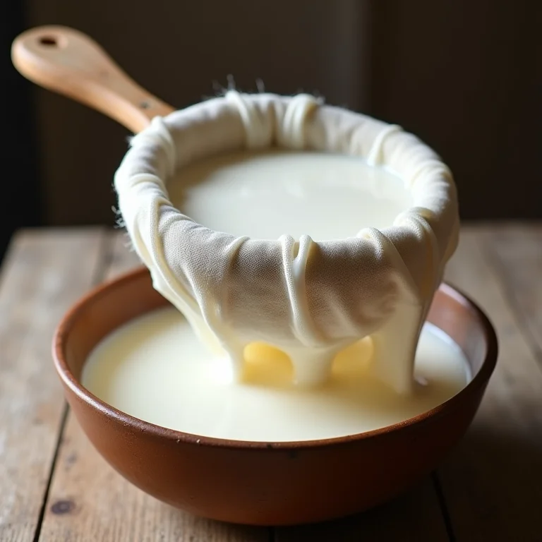 Leite de coco caseiro sendo coado em um pano de queijo.