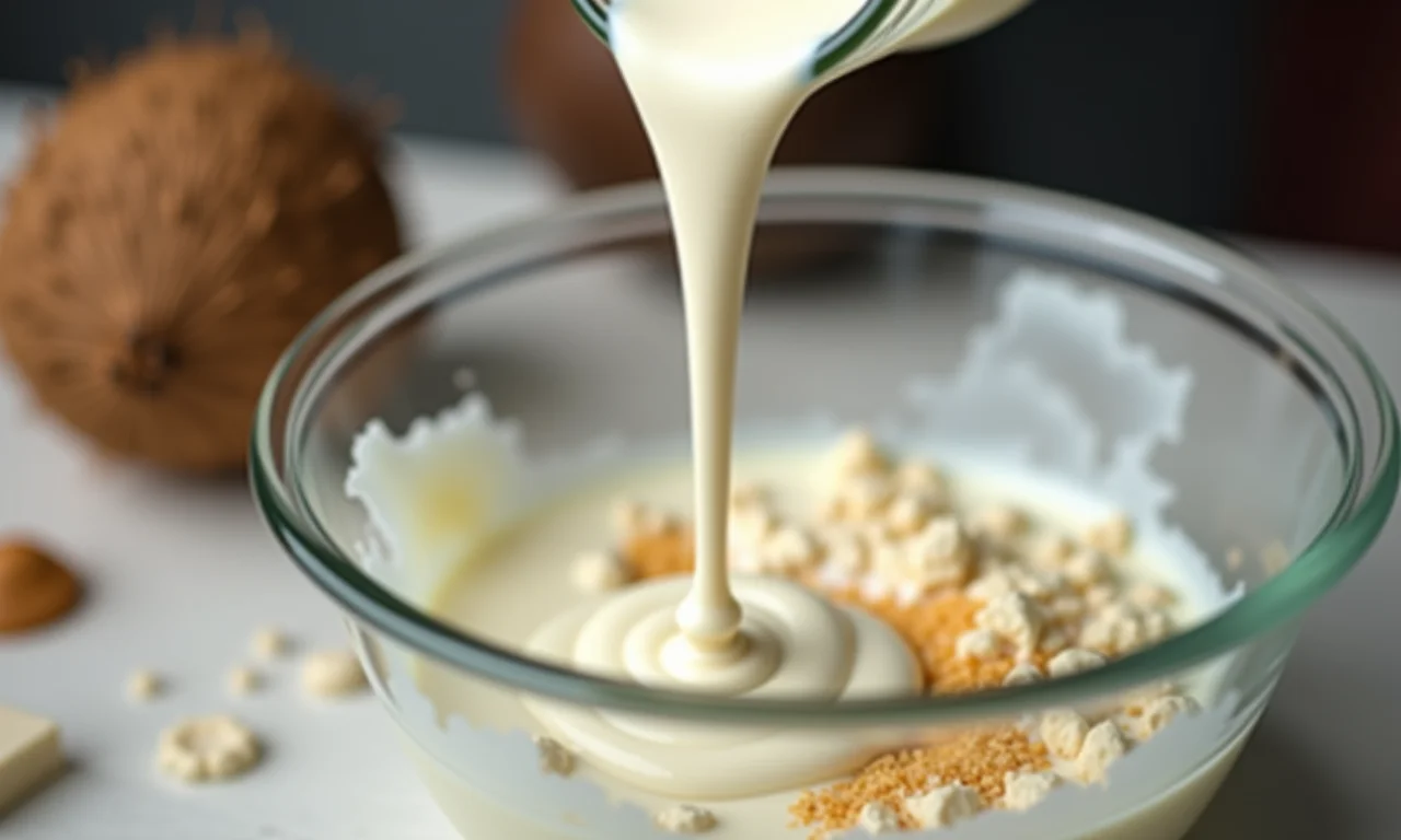 Leite de coco fresco sendo adicionado à massa do bolo.